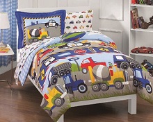 Trucks Tractors Cars Boys Blue and Red 5-Piece Kids Twin Bedding Sets for Boys Who Love Moving Vehicles;  Comforter Sheet Set